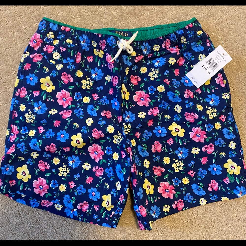 RALPH LAUREN Boys Navy/Floral Swim Trunks Size L (14-16)